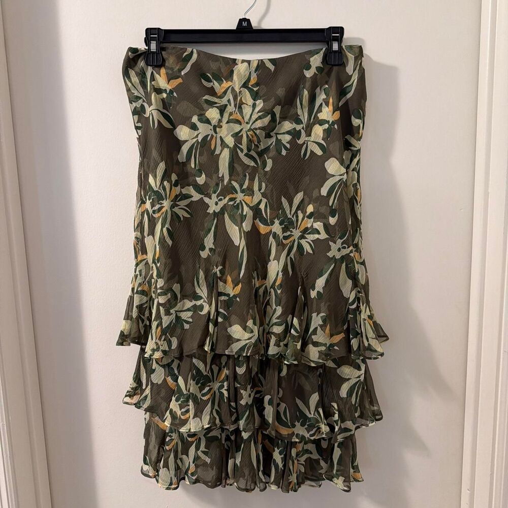 00's Alfani Women's Olive FLoral Silk Ruffle Fairy Skirt